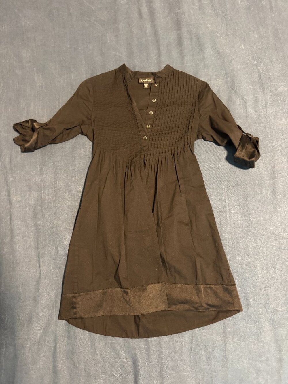 bebe black Pintuck Babydoll Shirt Dress Satin Trim Roll Tab Sleeve Size XXS